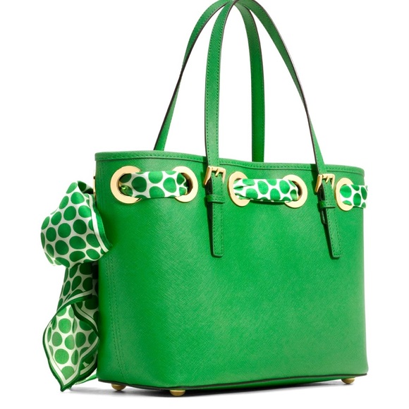 Michael KORS Genuine Leather Silk Scarf green Large Tote shoulder bag - Picture 8 of 13
